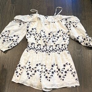 J.O.A. White and Navy Embroidered Romper